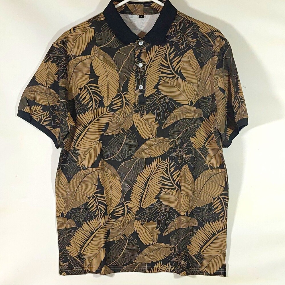 Hoooyi Men's L Black/Beige Tropical Floral Cotton Knit Short Sleeve Polo Shirt